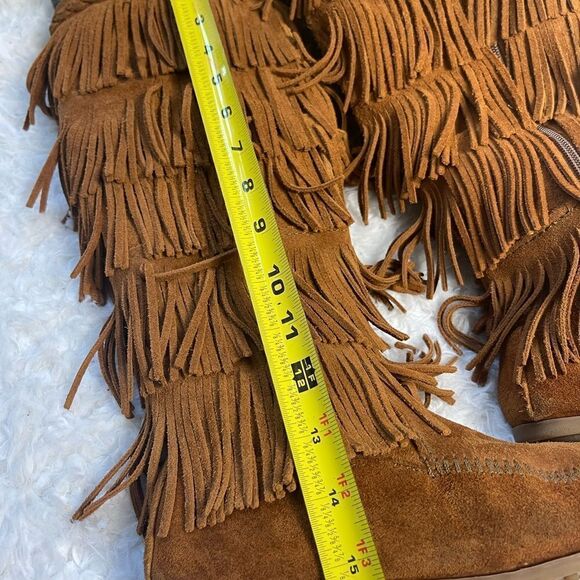 MINNETONKA Brown leather suede3 layer Tier Fringe Moccasin Boots side zipper SZ7 - Picture 7 of 10